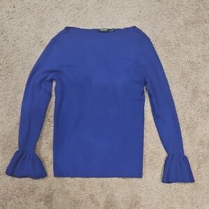 Lauren Ralph Lauren Ribbed Boat Neck Sweater Bell Sleeve Blue XL Knit Top Shirt